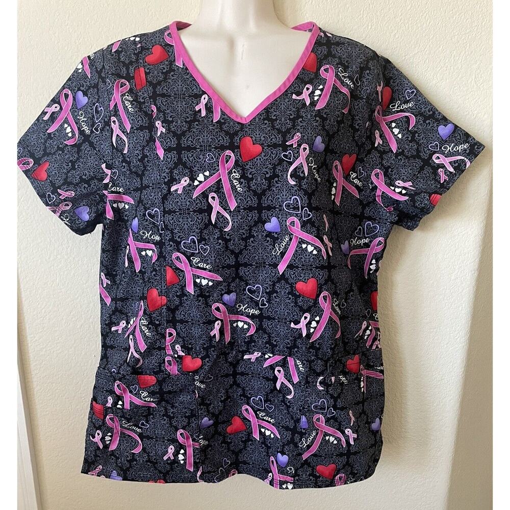 Scrubstar V Neck Breast Cancer Awareness Hearts Print Women's Scrub Top Size M